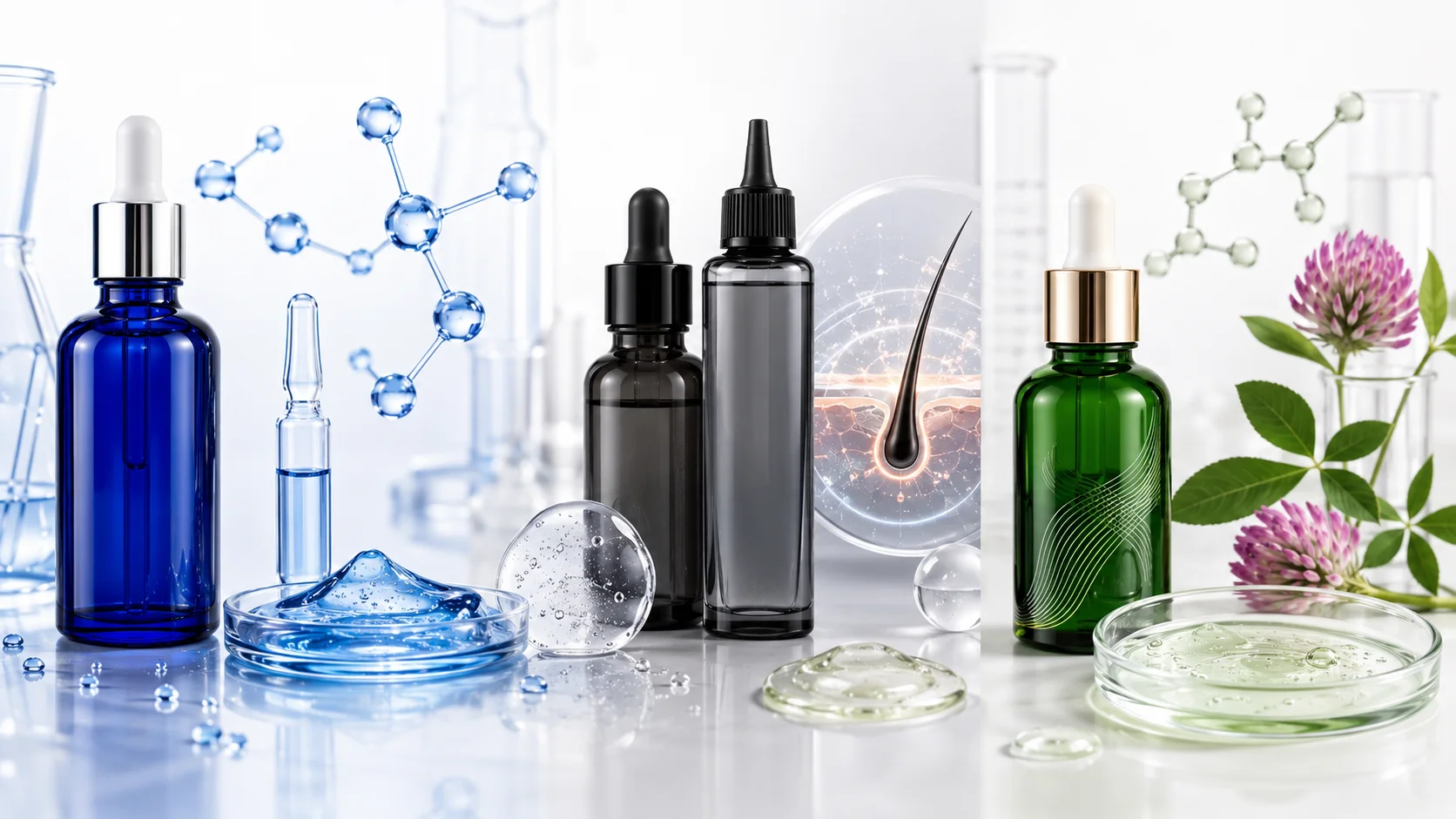 Various skincare bottles, droppers, and ingredients with molecular structures and botanical elements in a laboratory setup.